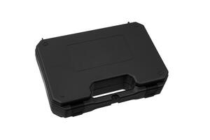 Black plastic case with foam inside. A box for storing and transporting a pistol. Weapon case isolate on white back. photo