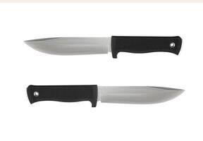 Modern hunting knife with silver blade and rubber handle. Steel arms. Isolate on a white back photo