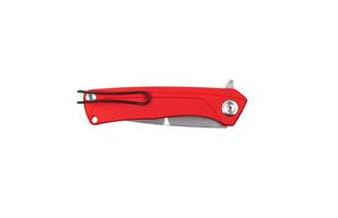 Red pocket folding knife isolate on white back. Compact metal sharp knife with a folding blade photo