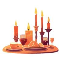 Candles and wine glasses on a table with a plate of food vector