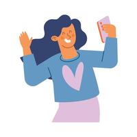 A woman is holding up her phone and smiling vector