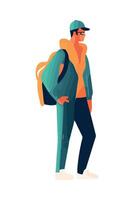 A man in a hat and jacket is walking with a backpack vector