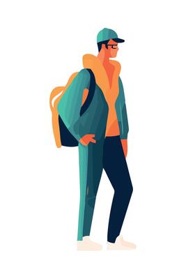 A man in a hat and jacket is walking with a backpack