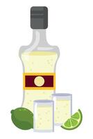 A bottle of tequila and two glasses of lime vector