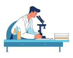 A man in a lab coat is looking at a microscope vector
