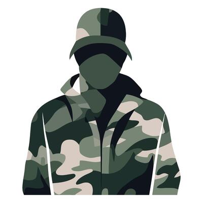 A silhouette of a man in camouflage clothing