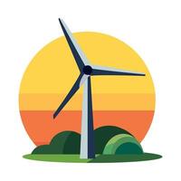 Wind turbine on a hill with a sunset in the background vector