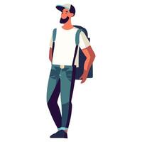 Man with backpack and hat standing with backpack vector