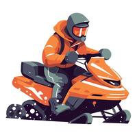 Snowmobile rider in orange jacket and helmet vector