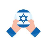 Two hands holding an israeli flag in front of a globe vector