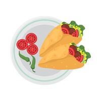 Two tacos on a plate with tomatoes and peppers vector