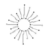 A circle of electronic components is shown in black and white vector