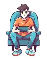 A man sitting on a couch with a tablet vector