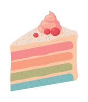A slice of cake with a rainbow colored frosting vector