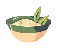A bowl of rice with a leaf on top vector