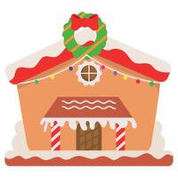 A gingerbread house with a wreath on top vector