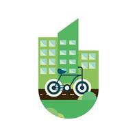 A bicycle is in front of a building with a city in the background vector