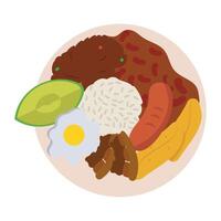 A plate with rice, meat, eggs and an avocado vector
