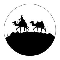 A silhouette of two men riding camels in the desert vector
