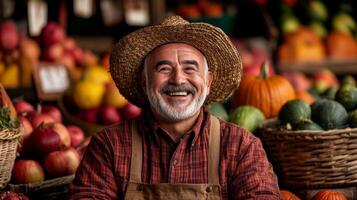 A joyful farmer laughing surrounded by colorful pumpkins and baskets of apples vibrant autumn leaves in the background market stall decorated with hay bales and rustic signs photo
