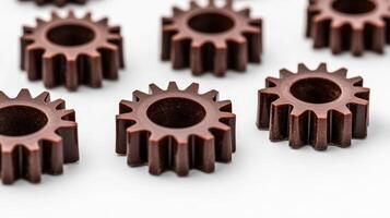 Close up of a chocolate gear mechanism interlocking cogs and wheels textured and detailed semi matte finish set against a clean white background photo