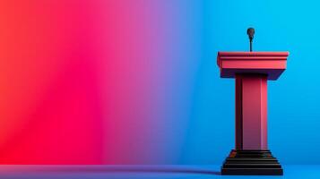 Moderators podium with debate notes gradient background from deep blue to bright red closeup angle space for text photo