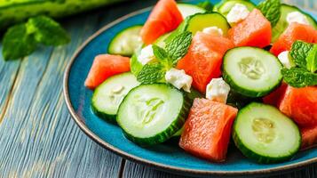 Cucumber salad with thinly sliced cucumbers watermelon cubes and feta cheese crumbles on a turquoise ceramic plate with a rustic wooden background photo