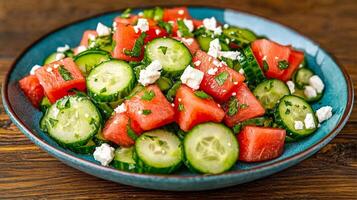 Cucumber salad with thinly sliced cucumbers watermelon cubes and feta cheese crumbles on a turquoise ceramic plate with a rustic wooden background photo