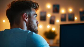 Side view of a person sitting at a desk with a blank stare vacation photos pinned on the wall in the background highlighting post vacation sadness