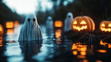 Close up of ghostly figures rising from a dark reflective lake with glowing pumpkins and twisted tree roots creeping into the water creating a haunting Halloween scene photo
