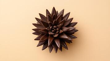 Overhead view of a chocolate cactus sculpture with sharp defined spikes rich brown color and a smooth texture set against a soft beige gradient background photo