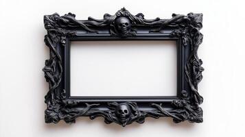 Overhead view of an ornate Halloween picture frame featuring creepy designs like ghost faces and twisted branches in a tarnished silver finish isolated on a white background photo