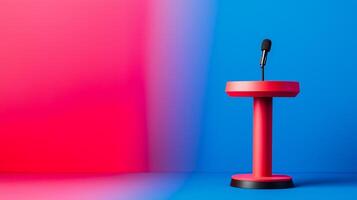 Moderators podium with debate notes gradient background from deep blue to bright red closeup angle space for text photo