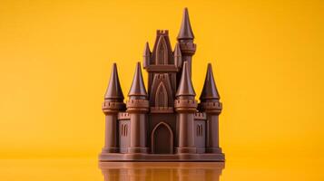 Wide angle shot of a towering chocolate castle with turrets and drawbridge dark chocolate with milk chocolate accents placed on a reflective surface glowing warm lighting photo
