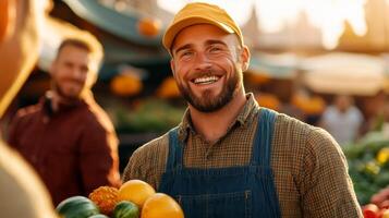 A happy farmer wearing overalls and a broad smile handing a bag of fresh produce to a customer at an autumn market stall surrounded by warm fall hues and cozy textures photo