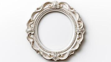 Top view of a vintage oval picture frame with a delicate lace like pattern and a slightly tarnished silver finish isolated on a white background with soft diffused shadows photo