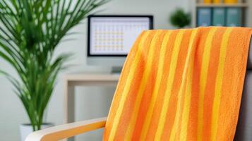 Wide angle shot of a beach towel draped over a dull office chair with a desktop screen showing a calendar full of deadlines capturing the contrast between vacation and work life photo