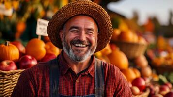 A joyful farmer laughing surrounded by colorful pumpkins and baskets of apples vibrant autumn leaves in the background market stall decorated with hay bales and rustic signs photo