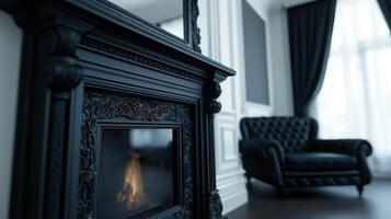A stylish living room with a roaring fireplace elegant black lace curtains and a ghostly figure faintly visible in the mirror above the mantel photo