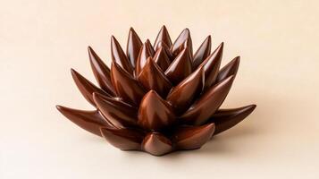 Overhead view of a chocolate cactus sculpture with sharp defined spikes rich brown color and a smooth texture set against a soft beige gradient background photo