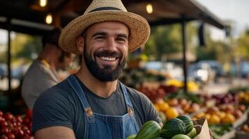 A happy farmer wearing overalls and a broad smile handing a bag of fresh produce to a customer at an autumn market stall surrounded by warm fall hues and cozy textures photo