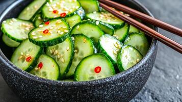 Cucumber salad with thin cucumber slices red chili flakes and sesame oil in a dark stone bowl with chopsticks laid across the bowl close up photo