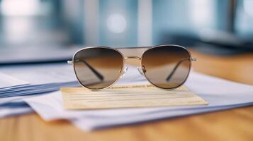 Close up of a faded wrinkled boarding pass and sunglasses lying on a cluttered desk with work papers capturing the transition from vacation to work photo