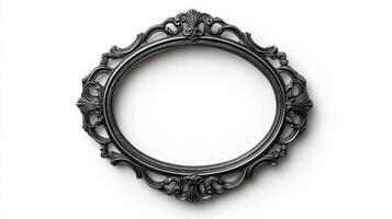 Top view of a vintage oval picture frame with a delicate lace like pattern and a slightly tarnished silver finish isolated on a white background with soft diffused shadows photo