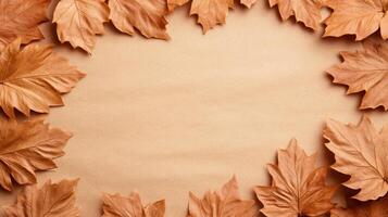 Textured parchment with faded ink and maple leaf imprints warm Thanksgiving background rustic and aged look great for autumn themes photo