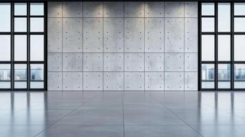 Wide angle shot of a plain concrete wall with soft lighting even gray surface with no major imperfections creating a clean and neutral backdrop photo