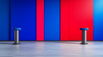Debate stage with American flag backdrop gradient background from blue to red wide angle shot vibrant colors photo