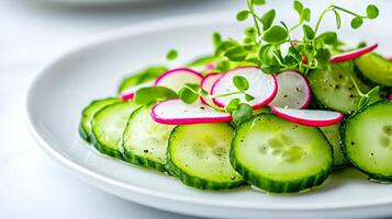 Macro shot of cucumber salad with thin cucumber ribbons radish slices and microgreens drizzled with balsamic glaze isolated on a white background photo