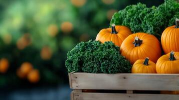 Isolated autumn market stall overflowing with fresh vegetables bright orange pumpkins and deep green kale rustic wooden textures with a soft gradient background photo
