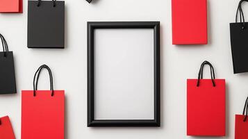 Overhead view of a Black Friday style picture frame with bold black and red design featuring sale tags and shopping bags motifs isolated on a white background photo
